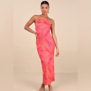 Lulu's Camadi Hot Pink Animal Print Mesh Backless Midi Dress